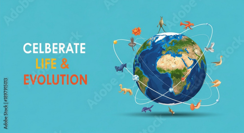 Earth with orbiting animals celebrating life and evolution on a blue background