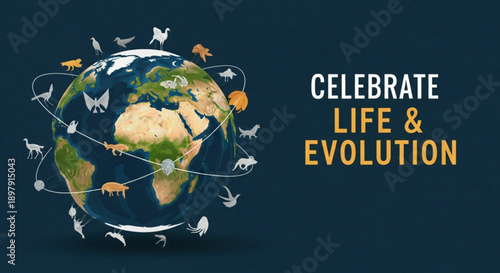 Earth with animals flying around it and celebrate life evolution text on dark background