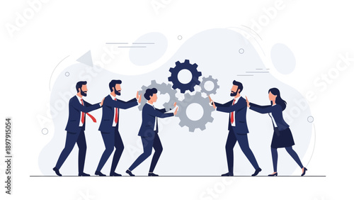 Business team collaborating, turning gears for teamwork and success illustration
