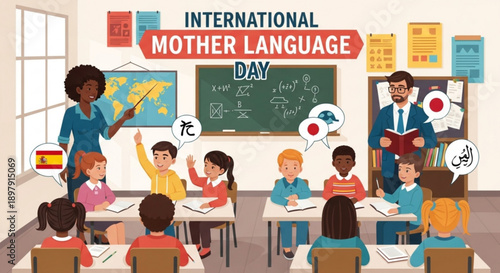 International mother language day classroom scene with diverse students and teachers celebrating linguistic diversity