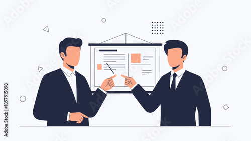 Business meeting: two men in suits presenting data on a whiteboard