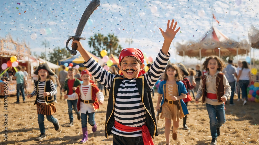 Fototapeta premium Boy in pirate costume celebrating at carnival with confetti. Happy children playing at outdoor fairground festival. Childhood imagination and fun concept