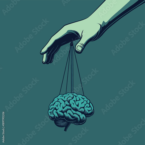 Illustration of hand controlling brain like marionette , vector style simple color