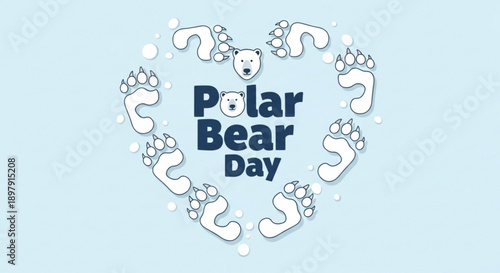 Polar bear day celebration with heart shaped paws on light blue background
