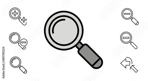 A collection of magnifying glass icons representing search, zoom in, zoom out, and general magnification functions, displayed on a white background.