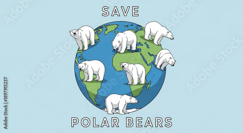 Polar bears on globe with save polar bears text eco friendly concept animals and environment conservation
