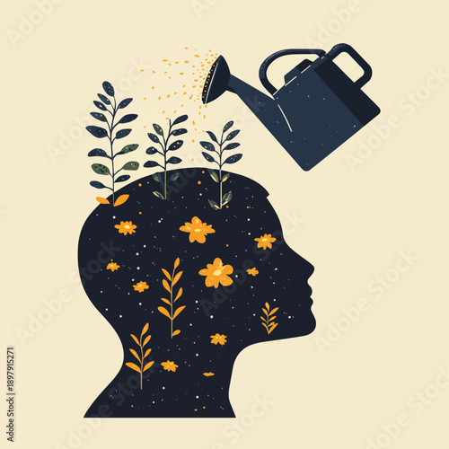 Illustration of watering can pouring over plants growing in head , vector style simple color