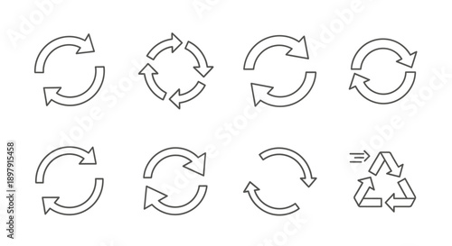 A collection of line art icons depicting various circular arrows for refresh, reload, and recycling symbols on a white background.