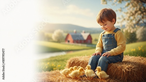 Wallpaper Mural Happy little boy sitting on hay bale with yellow ducklings on farm. Cute child looking at baby ducks outdoors. Spring countryside concept Torontodigital.ca