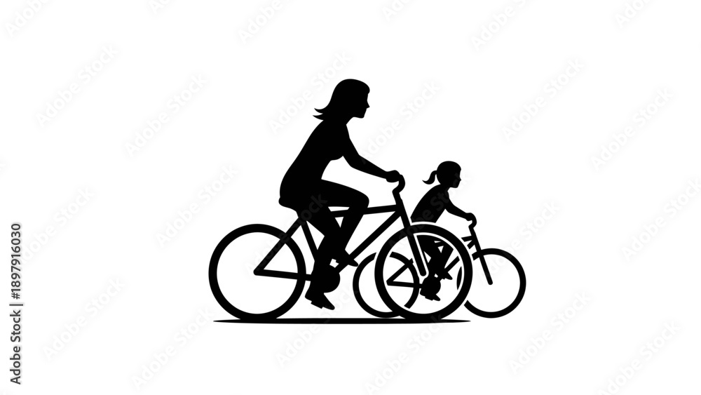 Naklejka premium Mother and Child Riding Bicycles Together Silhouette.