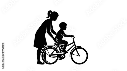 Mother teaching daughter to ride a bicycle silhouette.