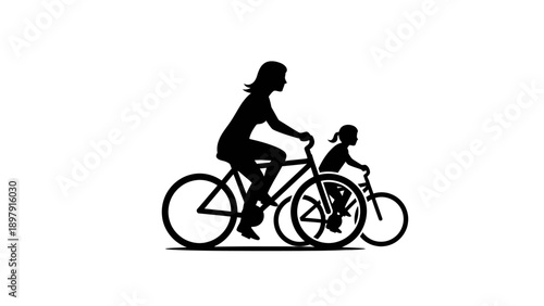 Mother and Child Riding Bicycles Together Silhouette.