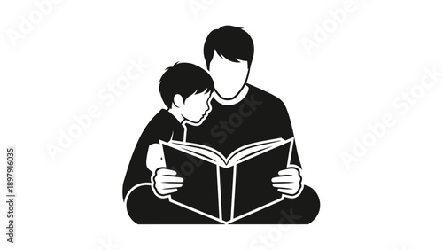 Father and son reading a book together in a simple illustration.