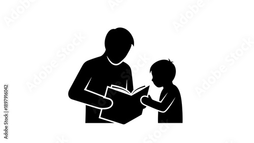 Father and Son Reading Together Silhouette Illustration.