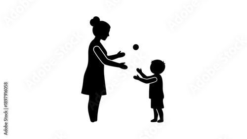Mother and Child Playing with a Ball Silhouette.