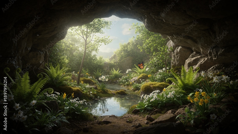 Obraz premium View from inside dark cave looking out to sunlit garden with pond. Lush forest landscape with spring flowers and butterfly. Secret garden concept