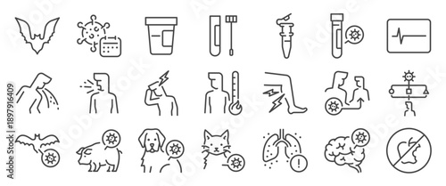 Nipah virus icon set. It included NiV, henipavirus, zoonotic disease, infection, outbreak, and more icons. Editable Vector Stroke.