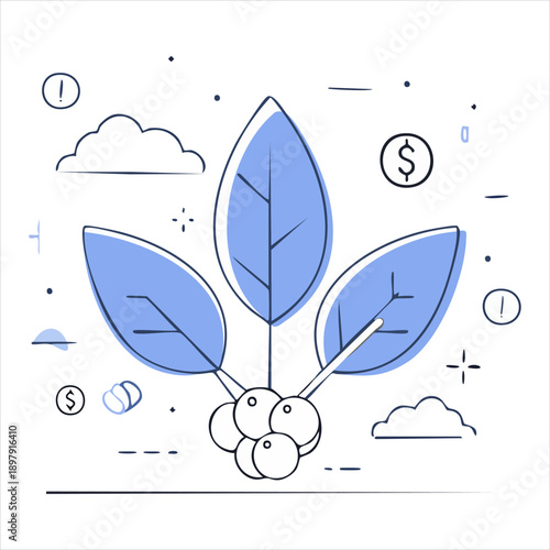 Conceptual illustration of stylized autumn leaves and berries with financial and informational elements on an isolated white background.