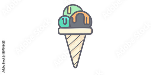 Delicious triple scoop ice cream cone with colorful flavors and wafer toppings on an isolated white background.