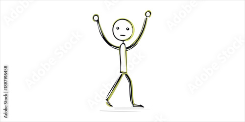 Single happy stick figure cheering with hands raised in a joyful mood on an isolated white background.