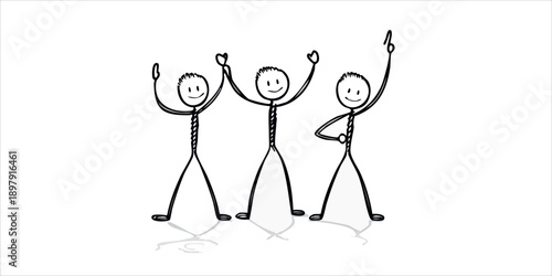 Three happy stick figures celebrating with hands raised in a joyful mood on an isolated white background.