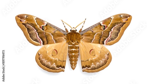 Detailed Macro Shot of a Beautiful Brown Moth with Intricate Wing Patterns Isolated on White Background.