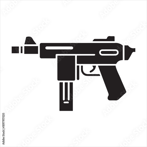 A black silhouette of a handgun on a white background