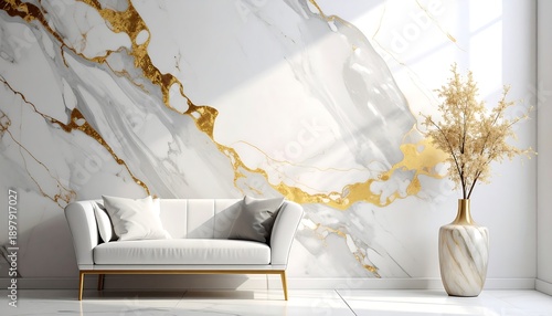 Elegant Living Room with Marble Wall and Modern Sofa.