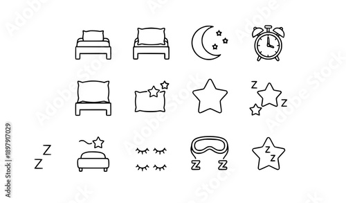 Hand drawn sleep doodle outline vector icon set with dreaming and bedtime symbols