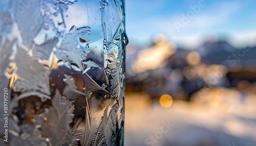 Close-up of Frost Patterns on Glass with Blurred Winter Landscape Background.