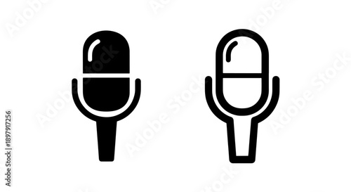 Professional microphone icons in solid and outline style for recording and broadcasting