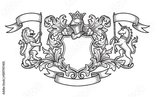 Heraldic Coat of Arms Shield with Lion and Unicorn