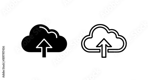 Cloud storage upload icons representing data backup and remote file transfer in solid and line art