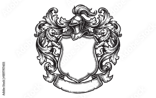 Ornate Heraldic Shield Emblem with Two Lions and Helmet