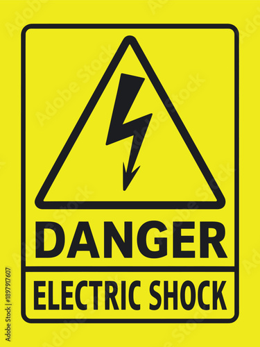 Danger electric shock warning sign with yellow background and black lightning bolt triangle symbol for industrial safety awareness