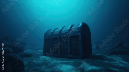 A mysterious treasure chest rests on the ocean floor, surrounded by deep blue water and rocky terrain, evoking wonder and adventure in an underwater setting.