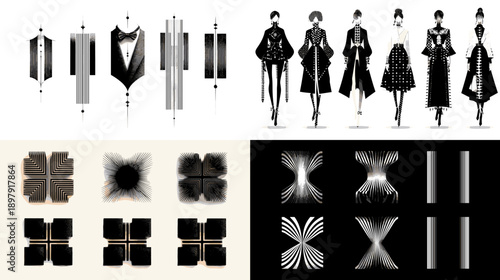 Fashion silhouette figures and abstract black design elements set with elegant poses ideal for editorial layouts apparel branding runway concepts and modern graphic design