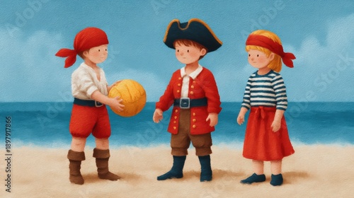 Three children dressed as pirates enjoy a playful moment on the beach, holding a ball against a backdrop of the ocean and clear sky.