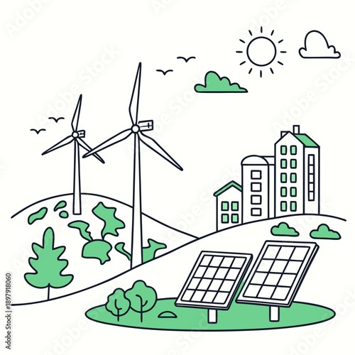 Green Cityscape with Sustainable Renewable Energy: Solar & Wind Power