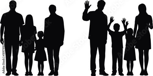 Silhouetted families standing together with children, expressing unity, love, and diversity in family relationships on a clean white background