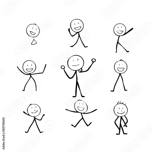 Collection of nine joyful and enthusiastic stick figure characters with expressive faces in dynamic poses, showing celebration and diverse emotions, isolated white background.
