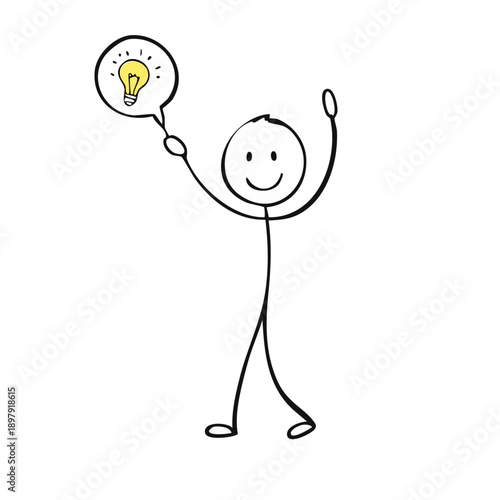 Excited stick figure cartoon character with arms raised, a glowing light bulb appearing in a thought bubble, representing a sudden new idea or inspiration, isolated white background.