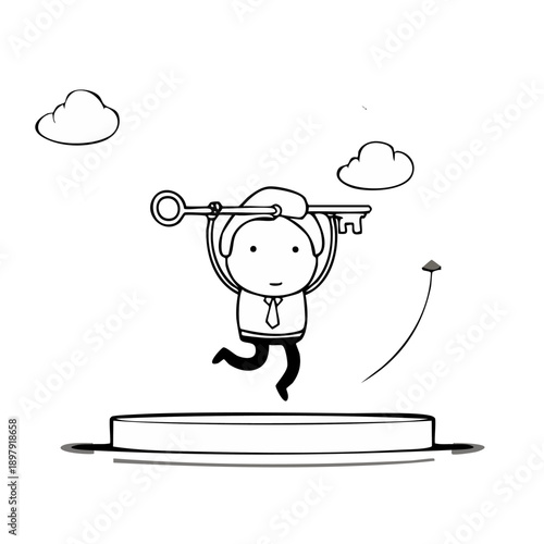 Energetic cartoon businessman character jumping over hurdle while holding a key overhead, concept of overcoming obstacles and success, isolated white background.