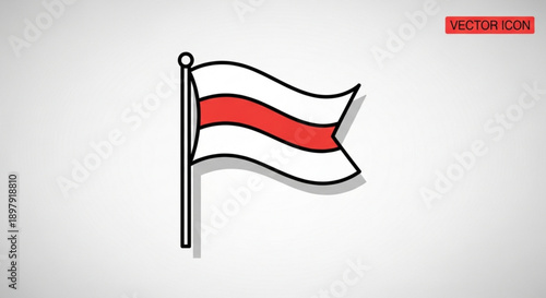 White Flag with Red Stripe Waving on Flagpole, Isolated on White Background, Vector Illustration