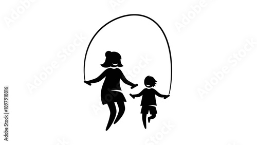 Silhouette of woman and child jumping rope.