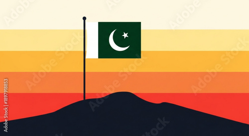 Pakistan Flag on Mountain Peak against Sunset Gradient Sky