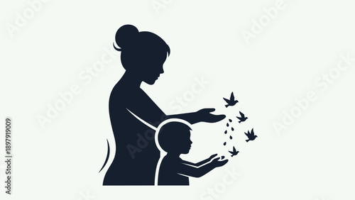 Mother and child releasing birds together.
