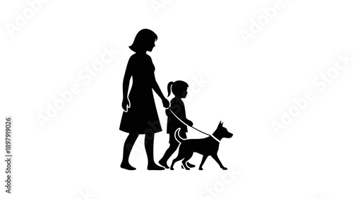 Silhouette of woman and child walking dog.