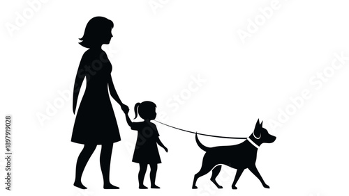 Silhouette of woman walking child and dog.