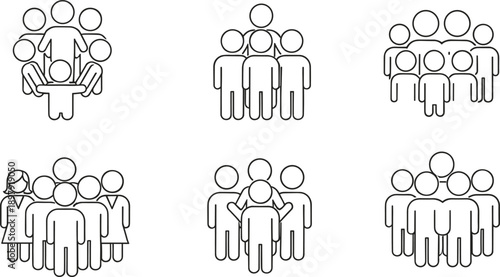 People Group and Team Community Line Icon Set Illustrating Crowd, Unity, Collaboration, Leadership, and Social Organization Concepts